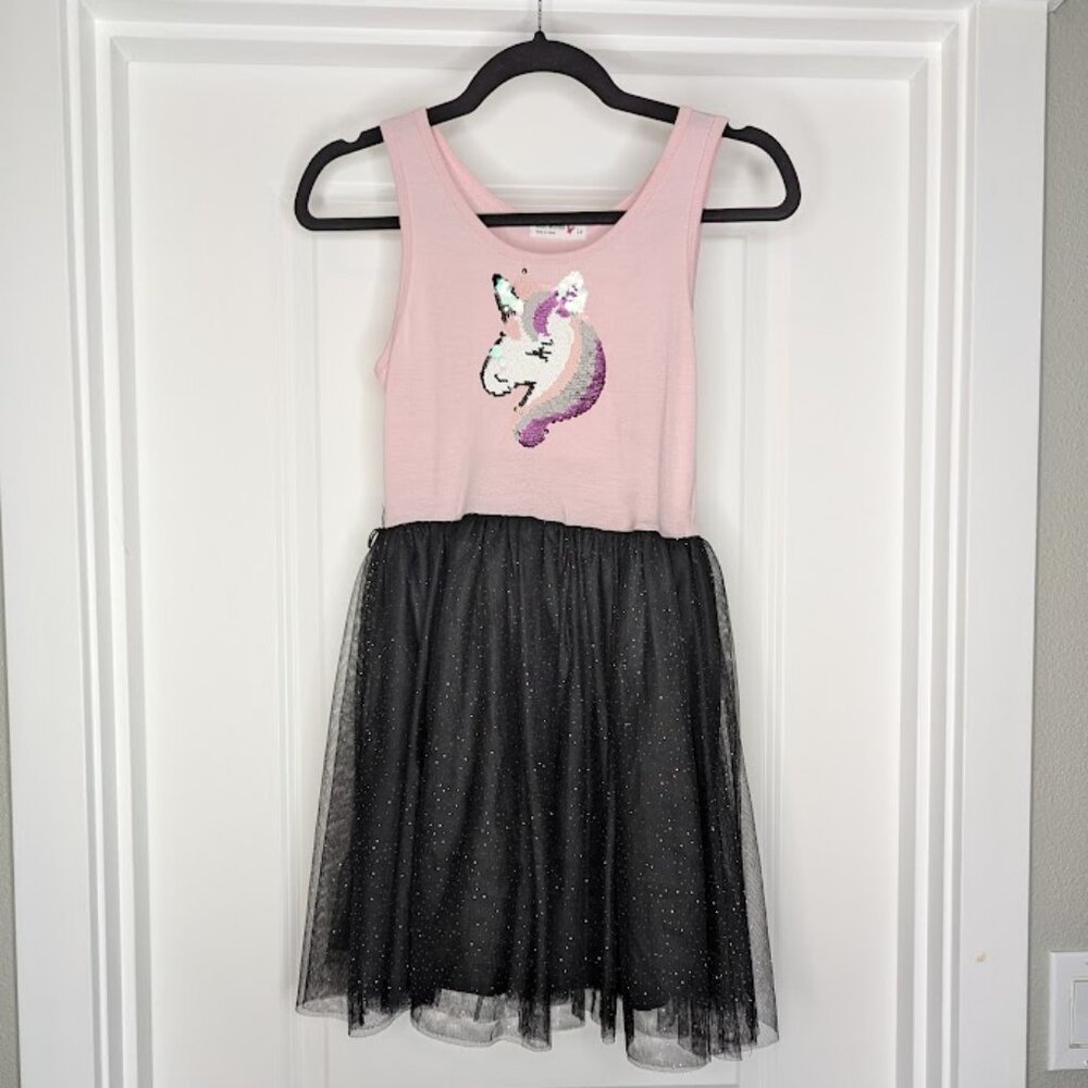 KnitWorks Girls Dress Pink with Unicorn & Black Tulle Skirt Size 12